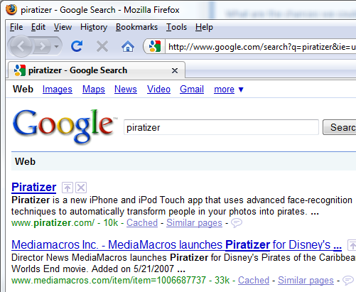 Piratizer search results on Google